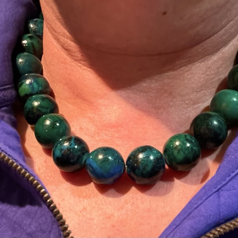 Beautiful Chrysocolla stone large beaded necklace, 17.5 inches long.